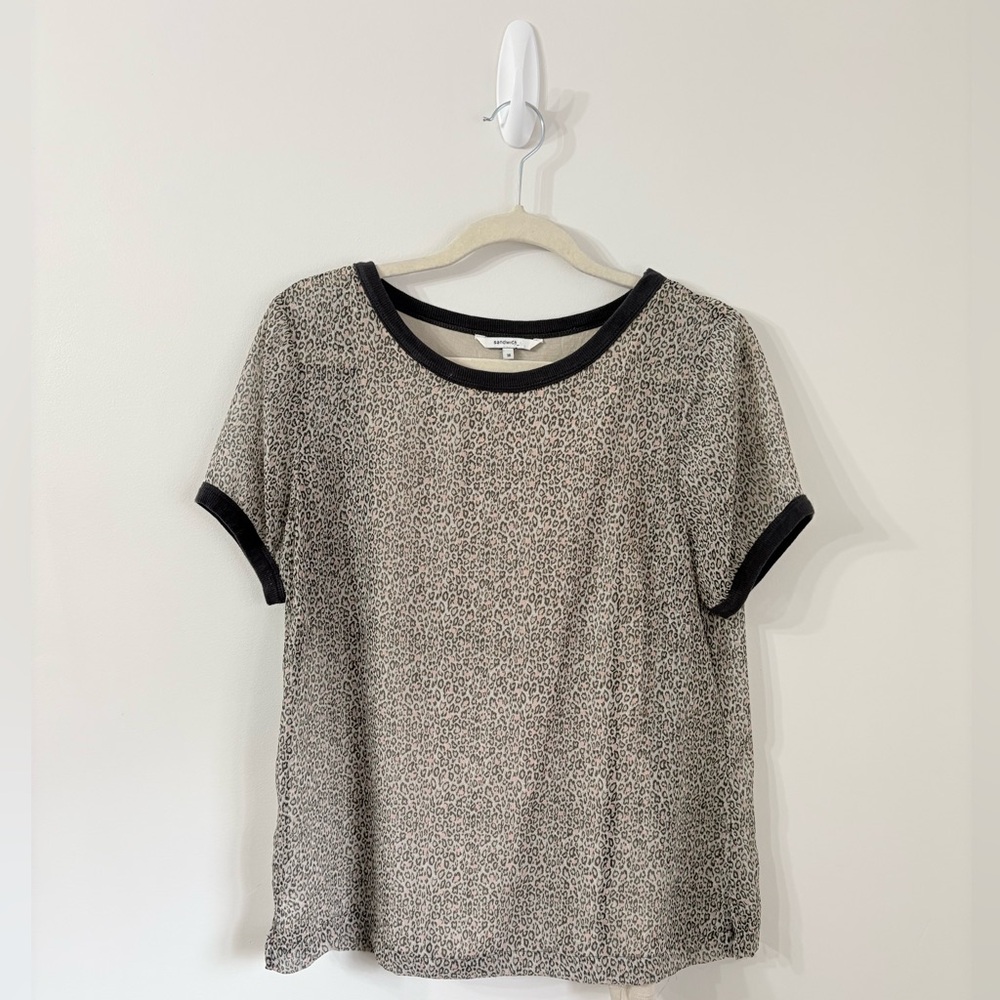 SANDWICH Sheer Lined Micro Leopard Print Ringer Tee Womens M Euro Chic Casual
